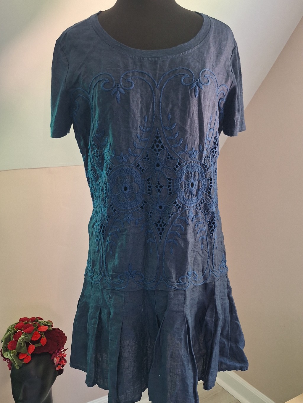 120% Lino Linen Dress Large Navy Shift Floral Resort Vacation Italy
